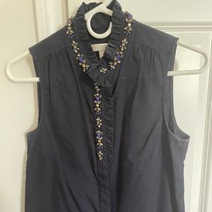 JCrew sleeveless ruffled collared top embellished with jewels